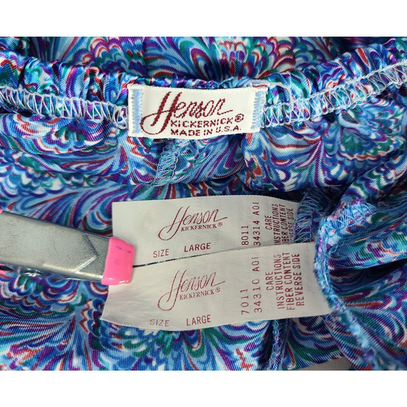 VTG Henson Kickernick Satin Robe Tank Shorts Large Blue Peacock Pajamas Lounge - Picture 15 of 16